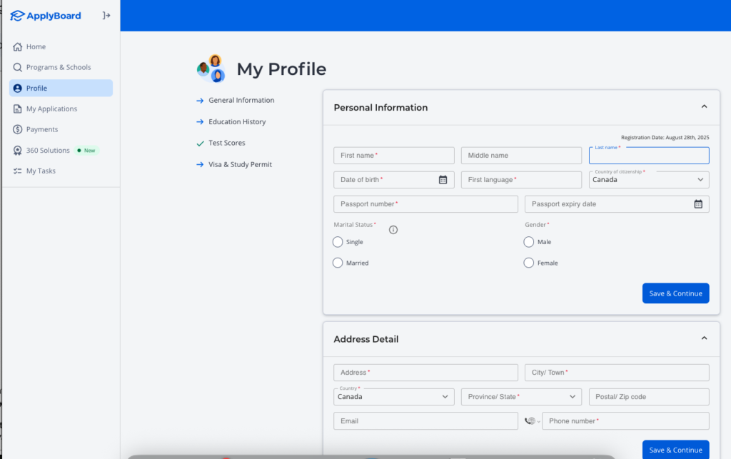 Le "Mon profil" page sur le site Web de l'application